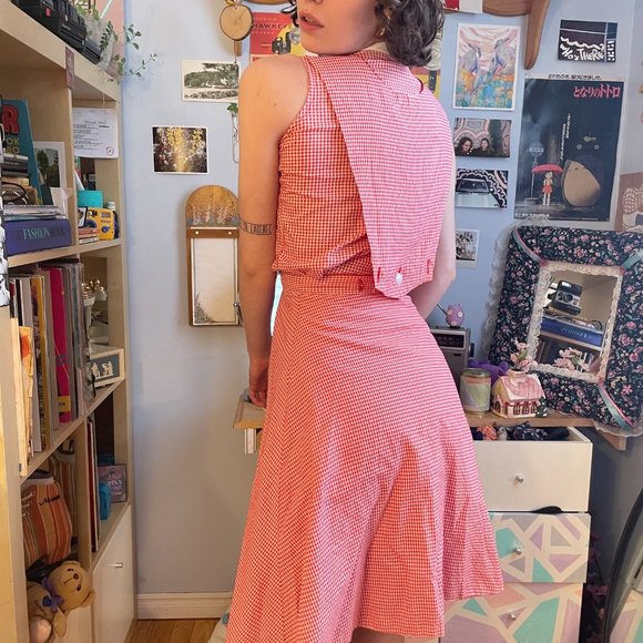 50s gingham plaid Honeylane XXS plaid circle skirt, sleeveless shirt, and bib! - Picture 8 of 16